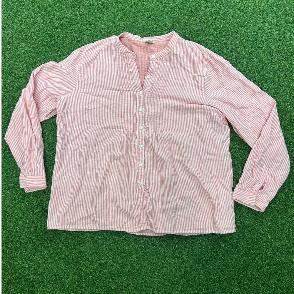 LL Bean Pink White Striped Pintuck Band Collar Button Down Shirt Petite Large